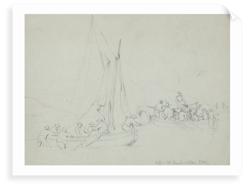 Men casting off in boats from the shore by Willem van de Velde the Elder