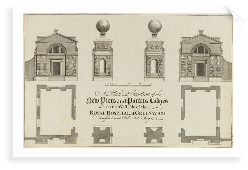 A Plan and Elevation of the New Piers and Porters Lodge on the West side of the Royal Hospital at Greenwich. Measured and Delineated in July 1752 by James Basire