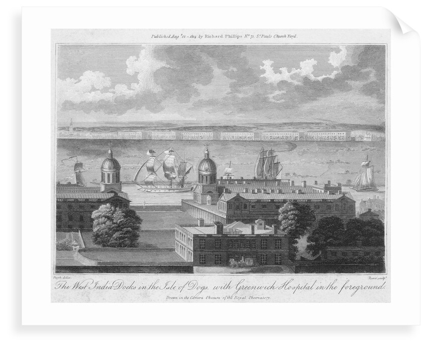 The West India Docks in the Isle of Dogs, with Greenwich Hospital in the foreground. Drawn in the Camera Obscura of the Observatory. by Pugh
