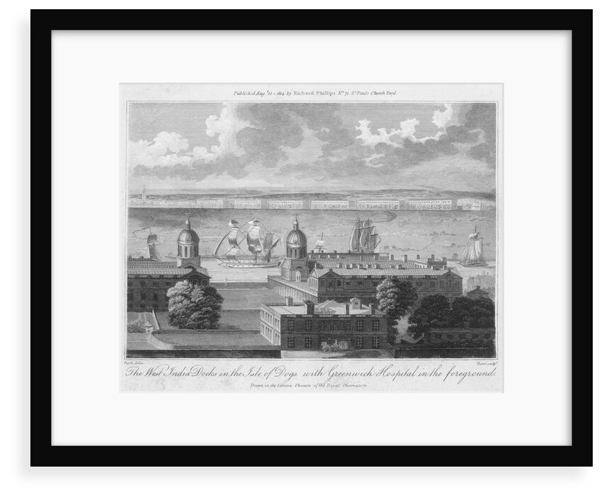 The West India Docks in the Isle of Dogs, with Greenwich Hospital in the foreground. Drawn in the Camera Obscura of the Observatory. by Pugh