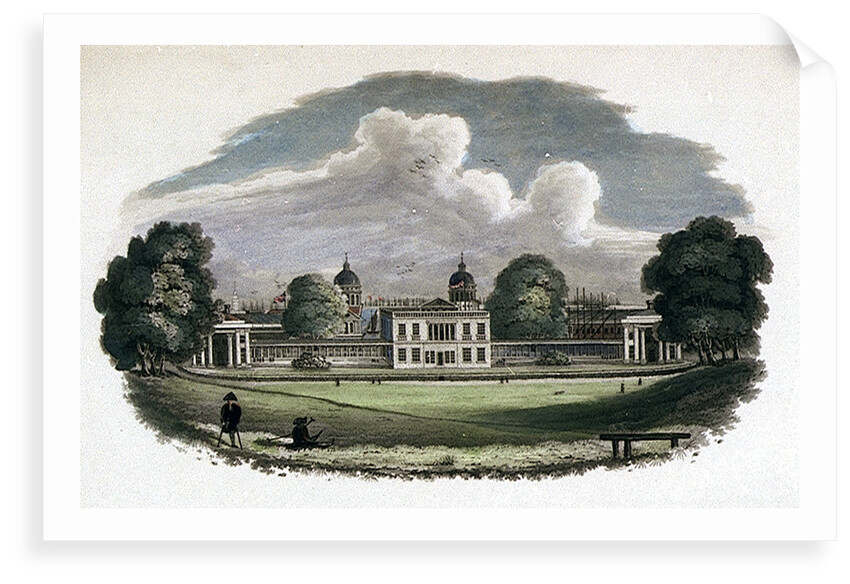 Royal Naval Asylum from Greenwich Park. Shows scaffolding coming down from completion of Alexander's new East Wing(?) by John Theophilus Lee