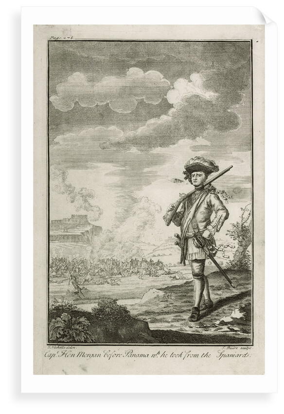 Capt. Hen Morgan before Panama wh. he took from the Spaniards. Plate to Johnson's History of Highwaymen 1734 by J. Nicholls