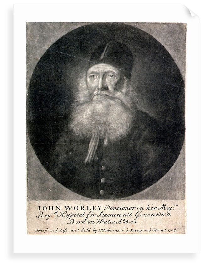 Iohn Worley Pentioner in her Majties Royll Hospital for Seamen att Greenwich Born in Wales Ao 16-24 done from ye Life and Sold by In Faber near ye Savoy in ye Strand 1709 by James Thornhill