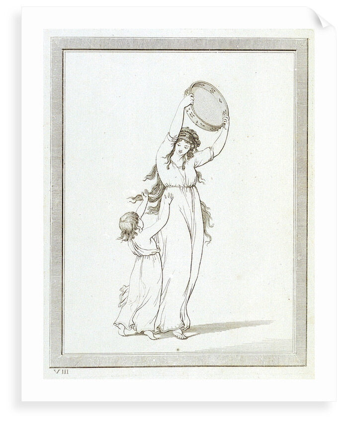 Lady Emma Hamilton and a child in a classical pose, holding a tambourine above her head by Frederick Rehberg