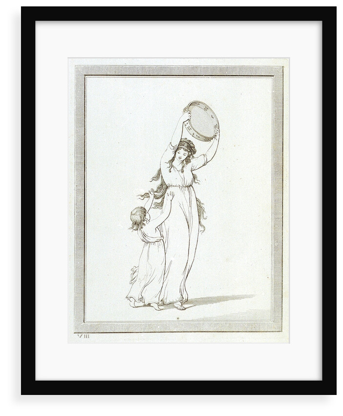 Lady Emma Hamilton and a child in a classical pose, holding a tambourine above her head by Frederick Rehberg
