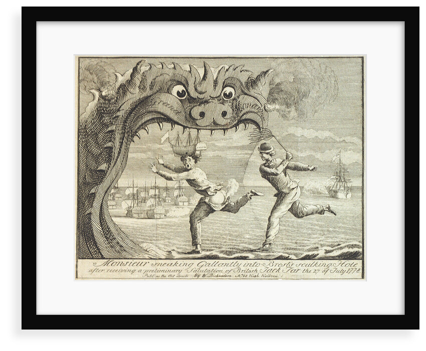 Monsieur sneaking Gallantly into Brest's sulking Hole after receiving a preliminary salutation of British Jack Tar the 27 of July 1778 by W. Richardson
