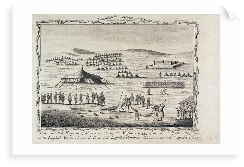 Muley Abdallah, Emperor of Morrocco, ordering the massacre of 335 of his own subjects in the presence of the English slaves, who were the crew of the Inspector privateer, which was wrecked on the coast of Barbary. Engrav'd for Drakes Voyages' by unknown