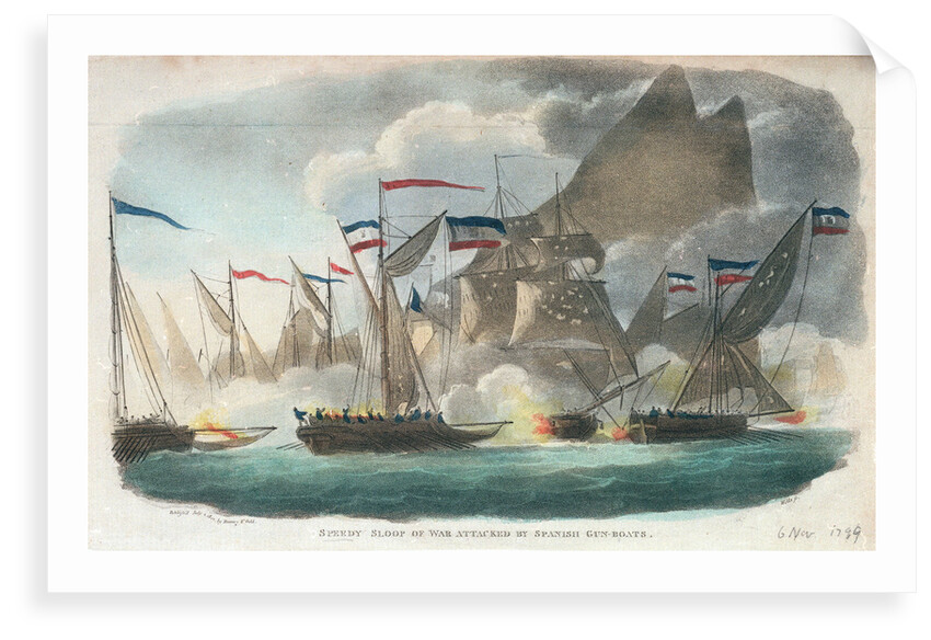 'Speedy' sloop of war attacked by Spanish gun-boats by Wells