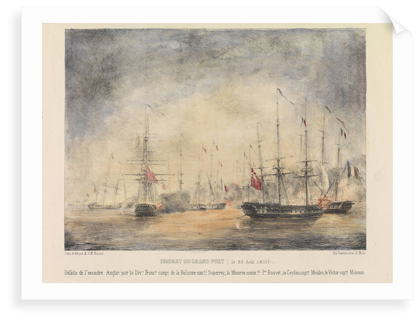 Combat du Grand Port (le 23 Aout 1810) Defaite de l'escadre Anglae par la Divn France compe de la Bellone comdt Duperrey, la Minerve commdt Pre Bouvet, le Ceylan capne Moulac, le Victor capne Moisson by A.J.M. Bazin