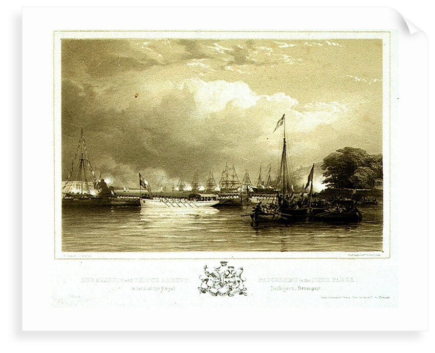 Her Majesty and Prince Albert, Proceeding in the State Barge, to land at the Royal Dock-Yard, Devonport by Nicholas Condy