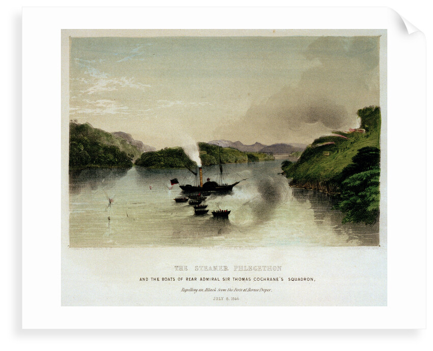 The steamer 'Phlegethon' and the boats of Rear Admiral Sir Thomas Cochrane's squadron repelling an attack from the forts at Borneo Proper, 8 July 1846 by L.G. Heath
