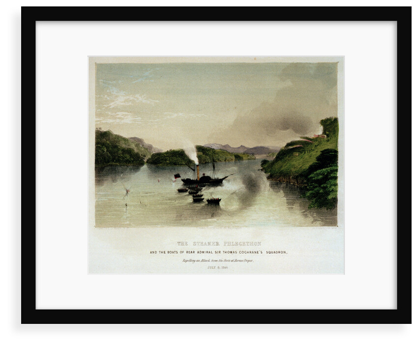 The steamer 'Phlegethon' and the boats of Rear Admiral Sir Thomas Cochrane's squadron repelling an attack from the forts at Borneo Proper, 8 July 1846 by L.G. Heath