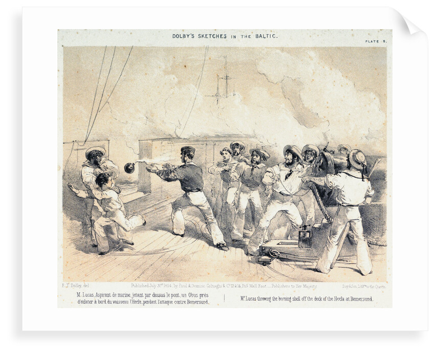 Dolby's sketches in the Baltic. Mr Lucas throwing the burning shell off the deck of the Hecla at Bomersund by E T Dolby