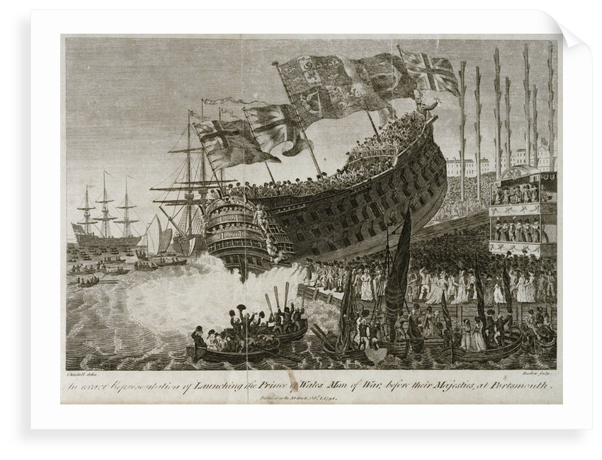 An exact Representation of Launching the Prince of Wales Man of War, before their Majesties, at Portsmouth' by Joshua Cristall
