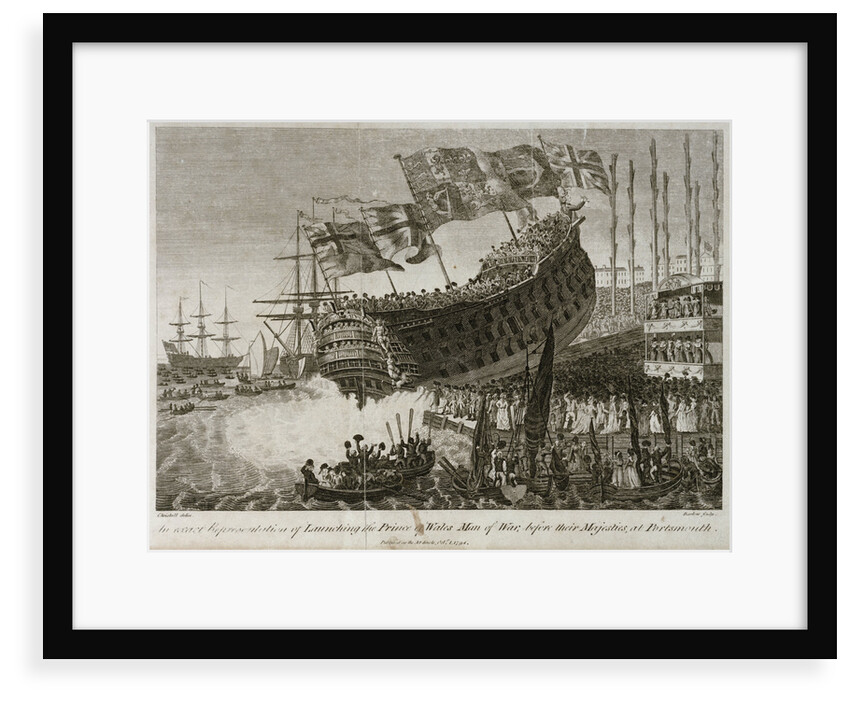 An exact Representation of Launching the Prince of Wales Man of War, before their Majesties, at Portsmouth' by Joshua Cristall
