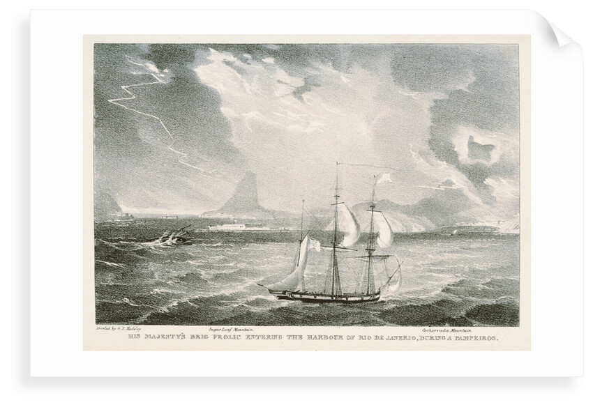 HM Brig 'Frolic' entering the harbour of Rio Janerio, during a Pampeiros. Sugar Loaf Mountain. Cochorvada Mountain by G.E. Madeley