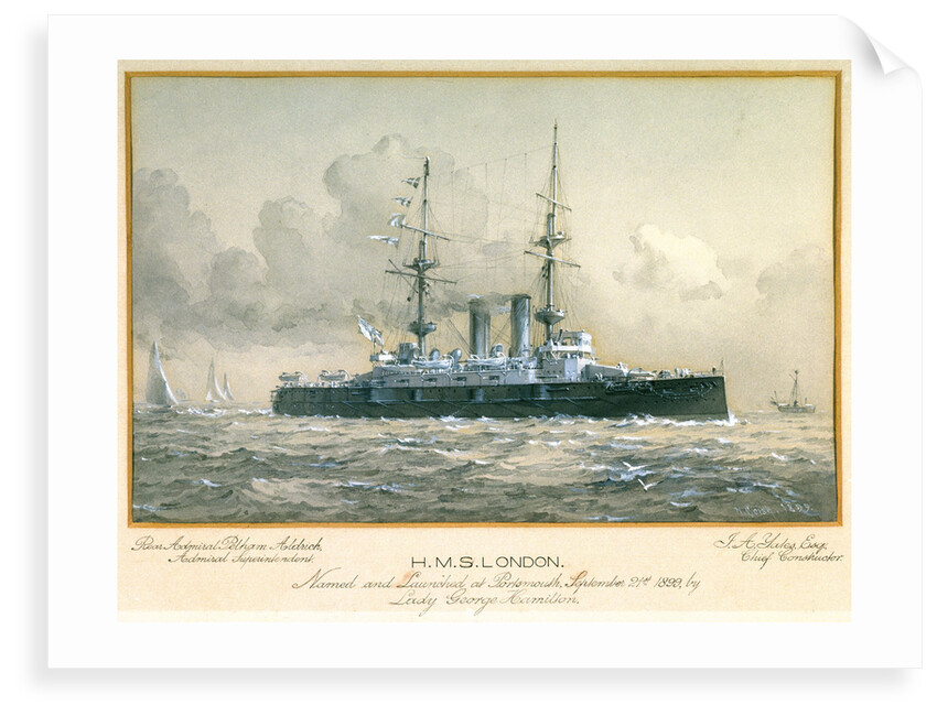HMS 'London' Named and Launched at Portsmouth, September 21st 1899, by Lady George Hamilton. Rear Admiral Pelham Aldrich, Admiral Superintendent. J.A. Yates, Esq, Chief Constructor by H. Coish