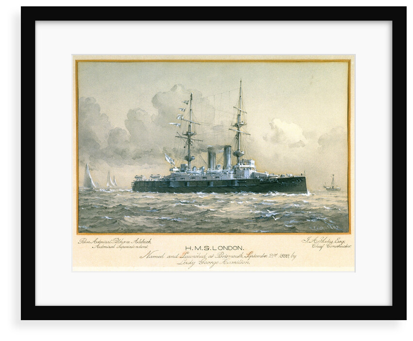 HMS 'London' Named and Launched at Portsmouth, September 21st 1899, by Lady George Hamilton. Rear Admiral Pelham Aldrich, Admiral Superintendent. J.A. Yates, Esq, Chief Constructor by H. Coish