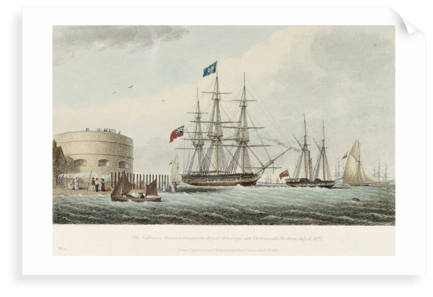 The Lightening Steamer bringing the Royal Sovereign into Portsmouth Harbour, 31 July 1827 by Henry Moses