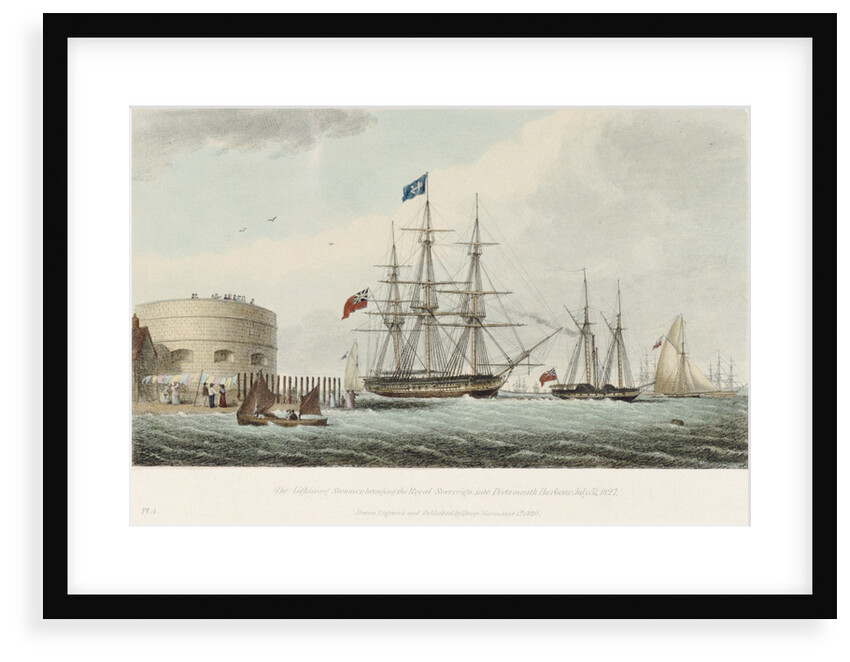 The Lightening Steamer bringing the Royal Sovereign into Portsmouth Harbour, 31 July 1827 by Henry Moses