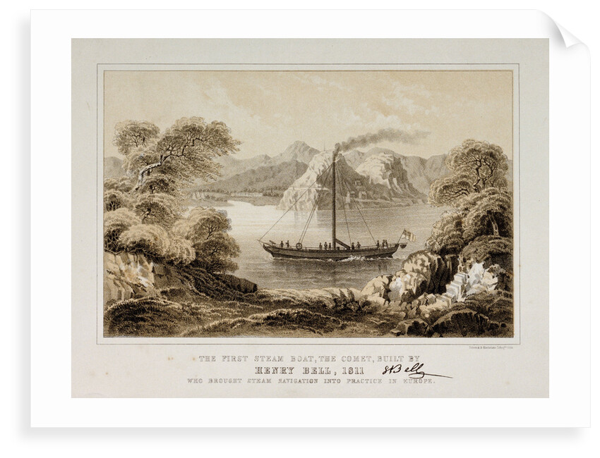 The first steam boat, the 'Comet', built by Henry Bell, 1811 who brought steam navigation into practice in Europe by Schenck