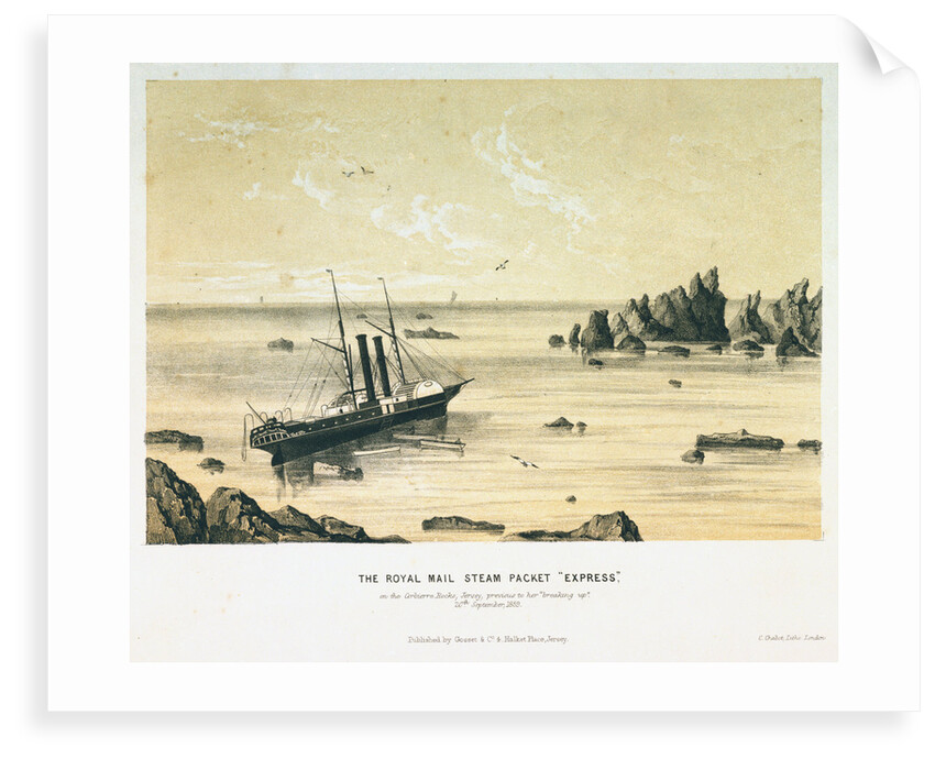 The Royal Mail steam packet 'Express' on the Corbierre Rocks, Jersey, previous to her breaking up on the 20 September 1859 by C. Chabot