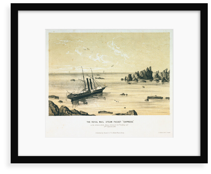 The Royal Mail steam packet 'Express' on the Corbierre Rocks, Jersey, previous to her breaking up on the 20 September 1859 by C. Chabot