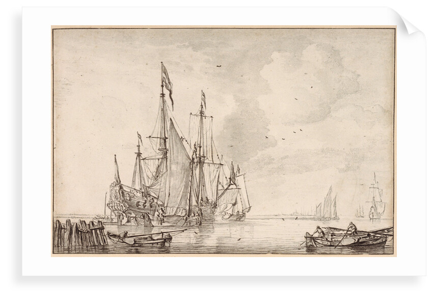 A Dutch flagship becalmed with vessels alongside by Willem Van de Velde the Younger