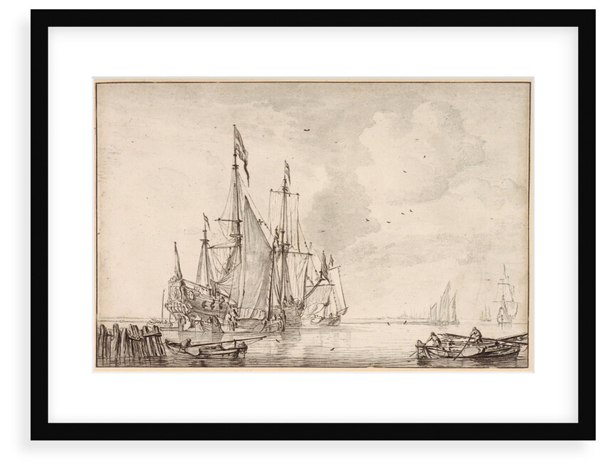 A Dutch flagship becalmed with vessels alongside by Willem Van de Velde the Younger