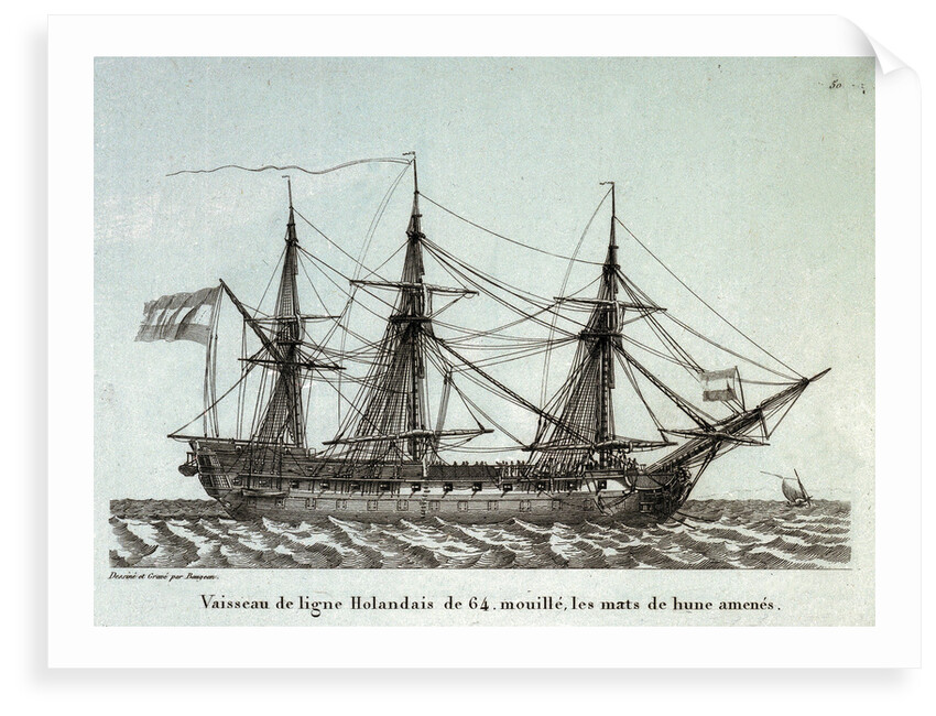 Vaisseau de ligne Holondais de 64. mouille, les mats de hune amenes. Plate 50. in Collection de Toutes les Especes de Batimens... 5eme Livraison by Baugean