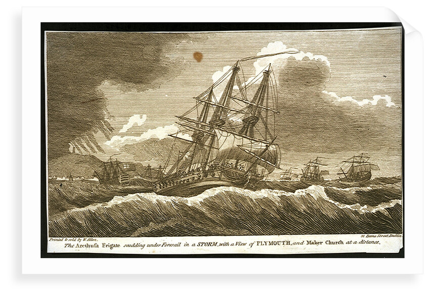 The 'Arethusa' frigate scudding under Foresail in a storm, with a view of Plymouth, and Maker Church at a distance by William Allen