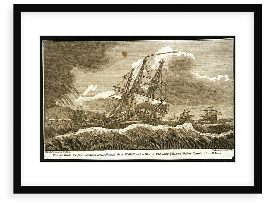 The 'Arethusa' frigate scudding under Foresail in a storm, with a view of Plymouth, and Maker Church at a distance by William Allen