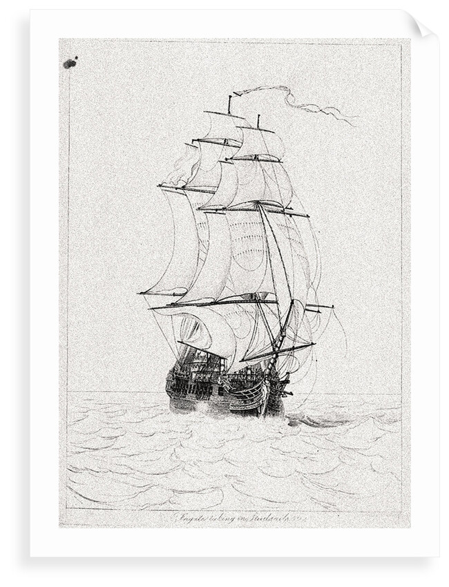 Frigate taking in studsails by Robert Pollard