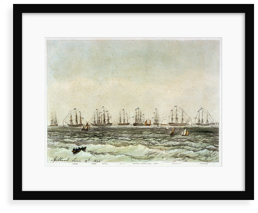 Spithead, 19 June 1845. 'Albion', 'Superb', 'Queen', 'Rodney', 'Trafalgar', 'Victoria & Albert', 'Canopus', 'St Vincent', 'Vanguard' by M. Grove