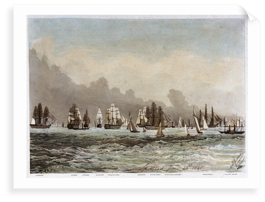 Spithead, 23 June 1845. 'Albion', 'Queen', 'Superb', 'Rodney', 'Trafalgar', 'Canopus', 'St Vincent', 'Victoria & Albert', 'Vanguard', 'Black Eagle' by M. Grove
