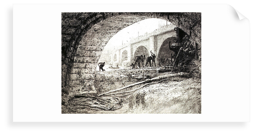 London Bridge, and tip of tower of Southwark Cathedral, from north bank of River Thames (site of Adelaide House) with workmen under archway by William Lionel Wyllie