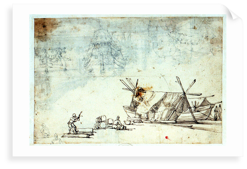 Study of men working on Mediterranean craft with studies of a warship by Abraham Casembrot