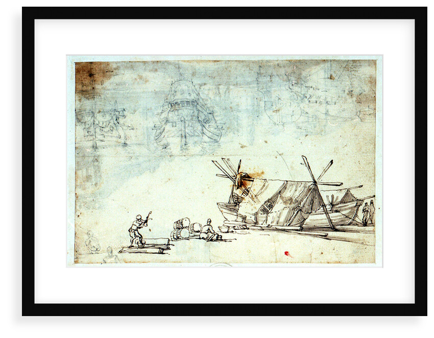 Study of men working on Mediterranean craft with studies of a warship by Abraham Casembrot