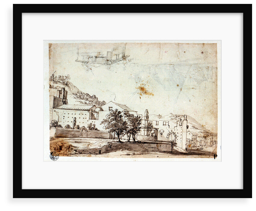 Landscape and view of village (reverse) by Abraham Casembrot
