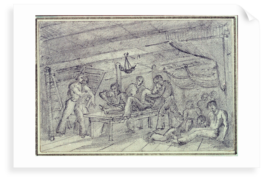Scene below decks showing man having leg amputated by unknown