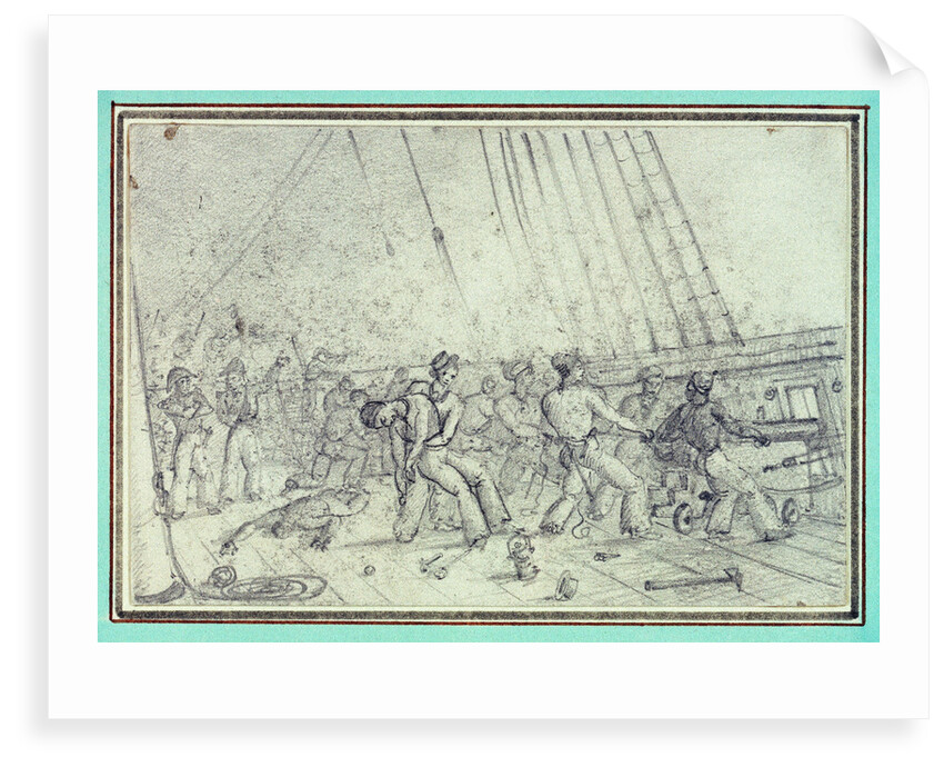Shipboard scene of men firing canons by unknown