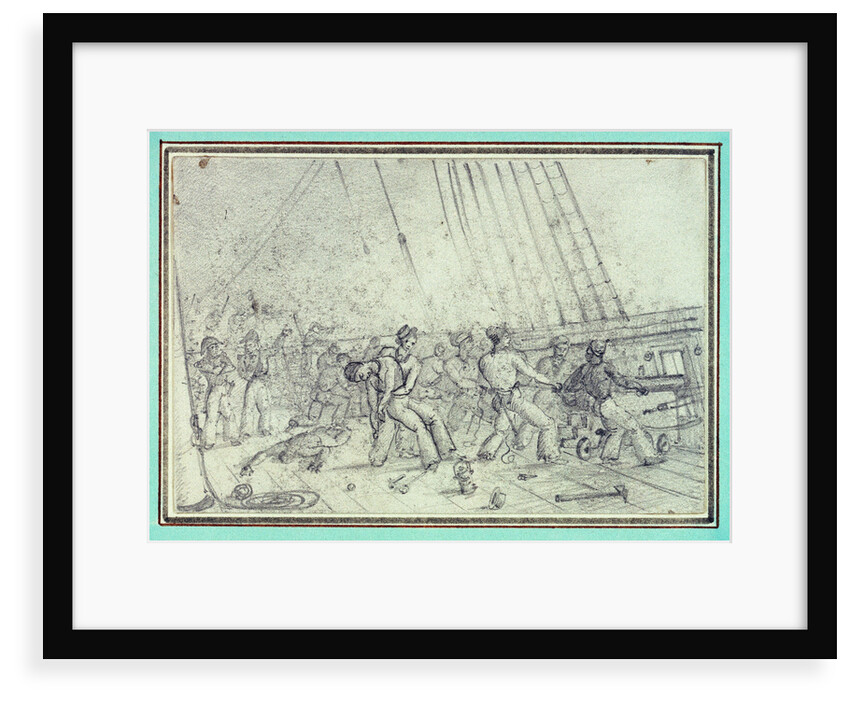 Shipboard scene of men firing canons by unknown