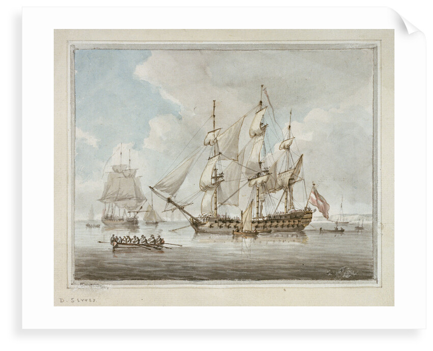 A two-decker at anchor drying sails by Dominic Serres