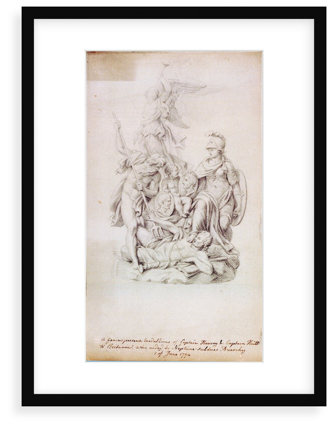 A Genius presents Medallions of Captain Harvey & Captain Hutt to Britannia [sic], who aided by Neptune subdues Anarchy 1 of June 1794 by Unknown