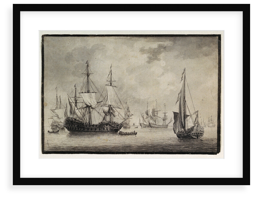 Dutch man-of-war, states yacht and distant shipping in a harbour by Charles Gore