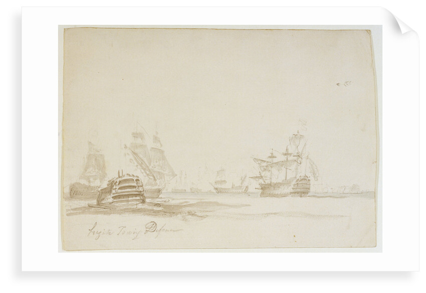 The Battle of the Glorious First of June, 1794; the 'Defence' under tow by a frigate by Nicholas Pocock