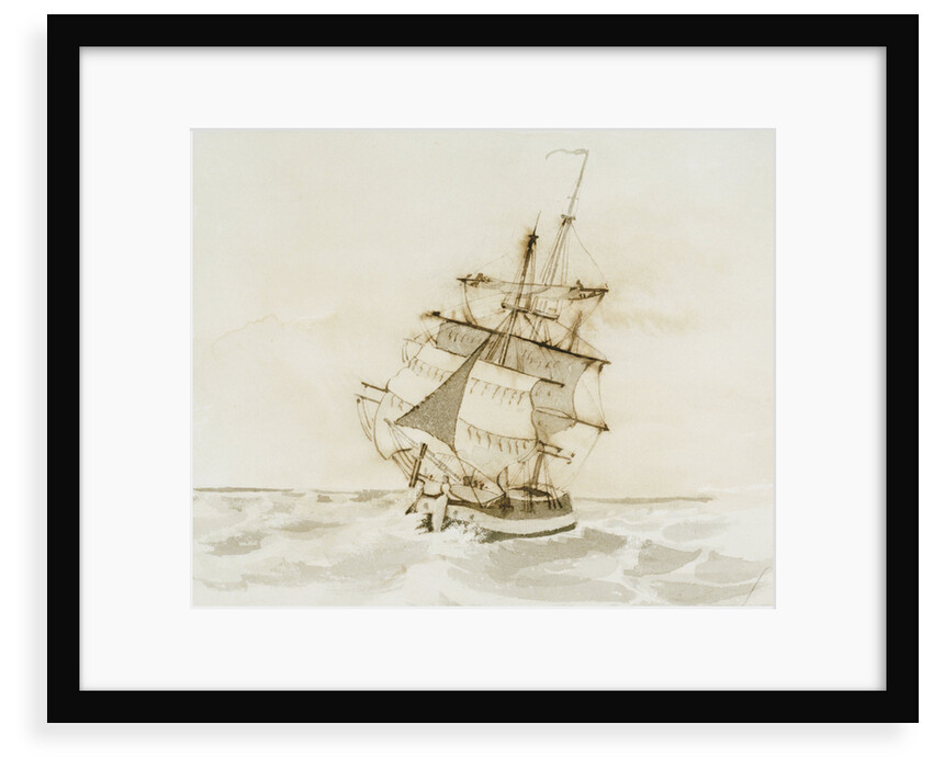 Merchant ship shortening sail in a fresh breeze by British School