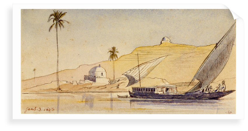 A large lateen-rigged vessel passing along the Nile by Edward Lear