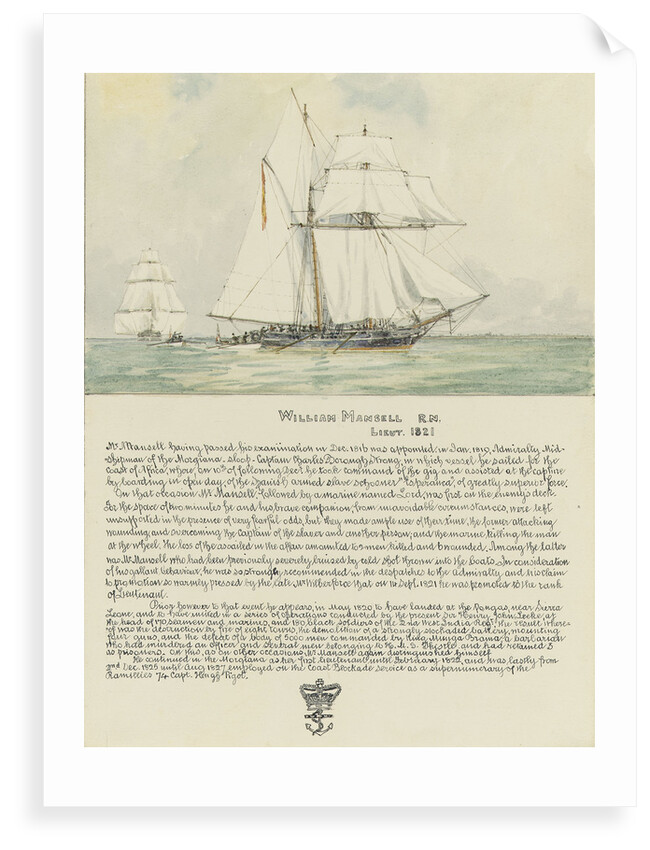 Boarding of the Spanish slave schooner Esperance by midshipman William Mansell commanding the gig of HMS Morgiana December 1817, with a biography of William Mansell below by Irwin Bevan