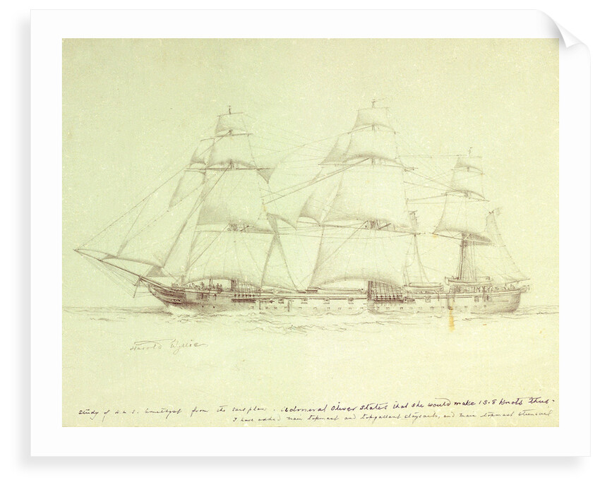 Study of HMS 'Amethyst' with notes about sail plan by William Lionel Wyllie